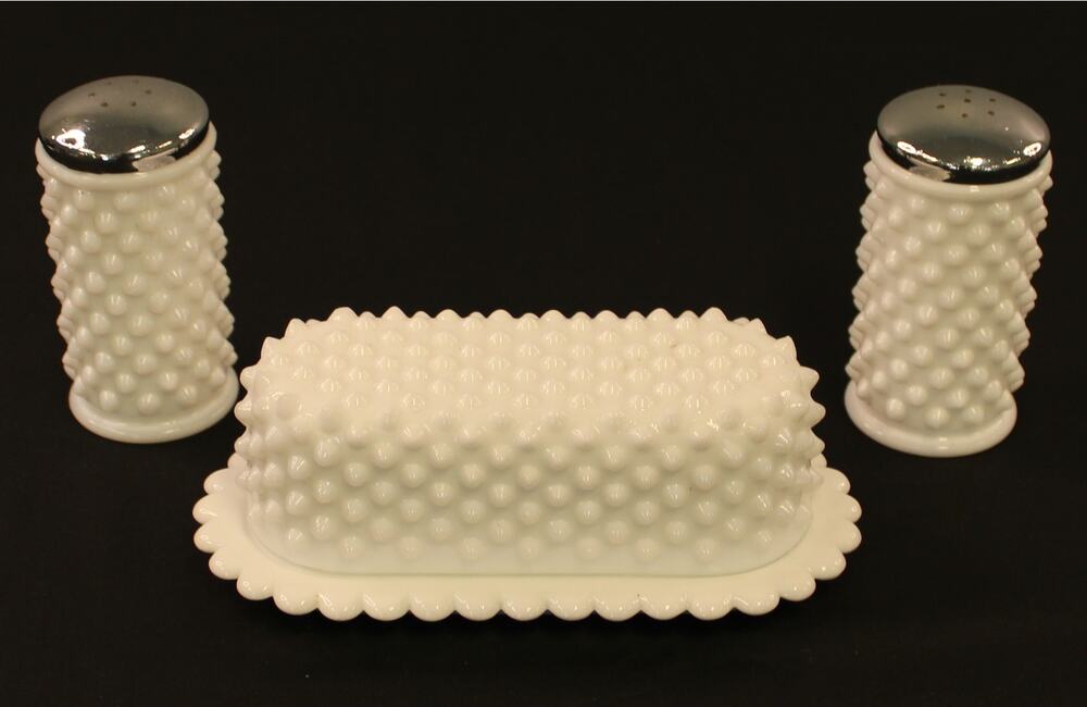Milk Glass Hobnail Vintage Glass Butter Dish and Salt and Pepper Shakers